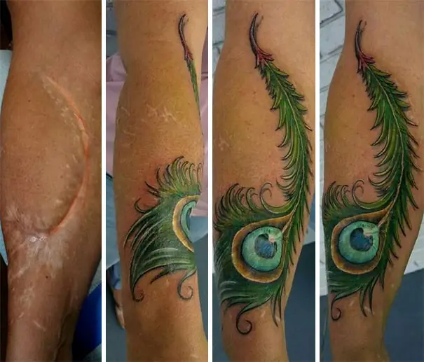 a collage of a tattoo on a person's leg