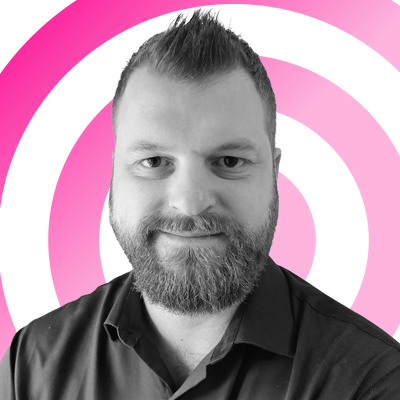 Rob Dwiar headshot on a pink 'radar' background