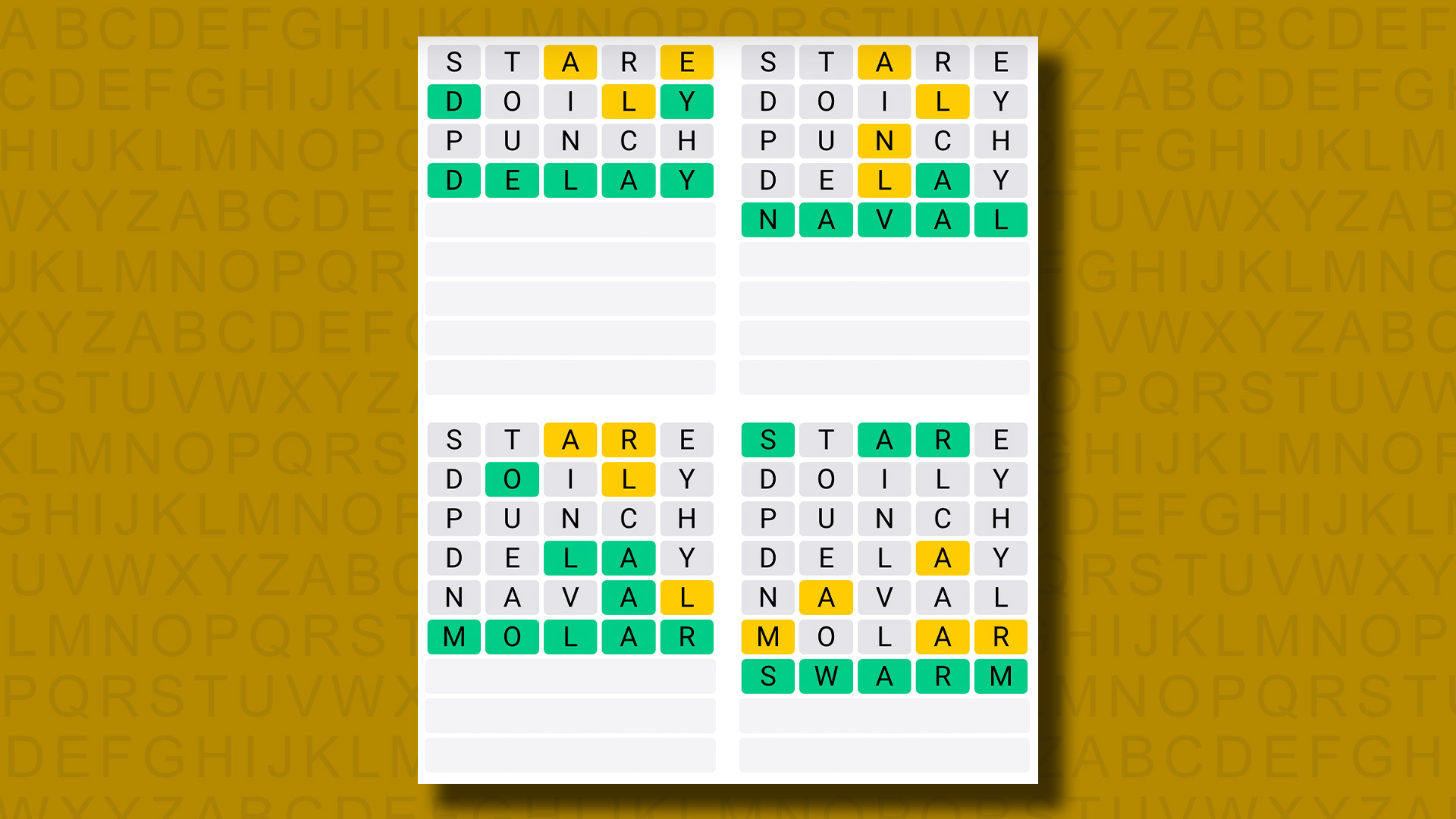 Quordle answers for game 1019 on a yellow background