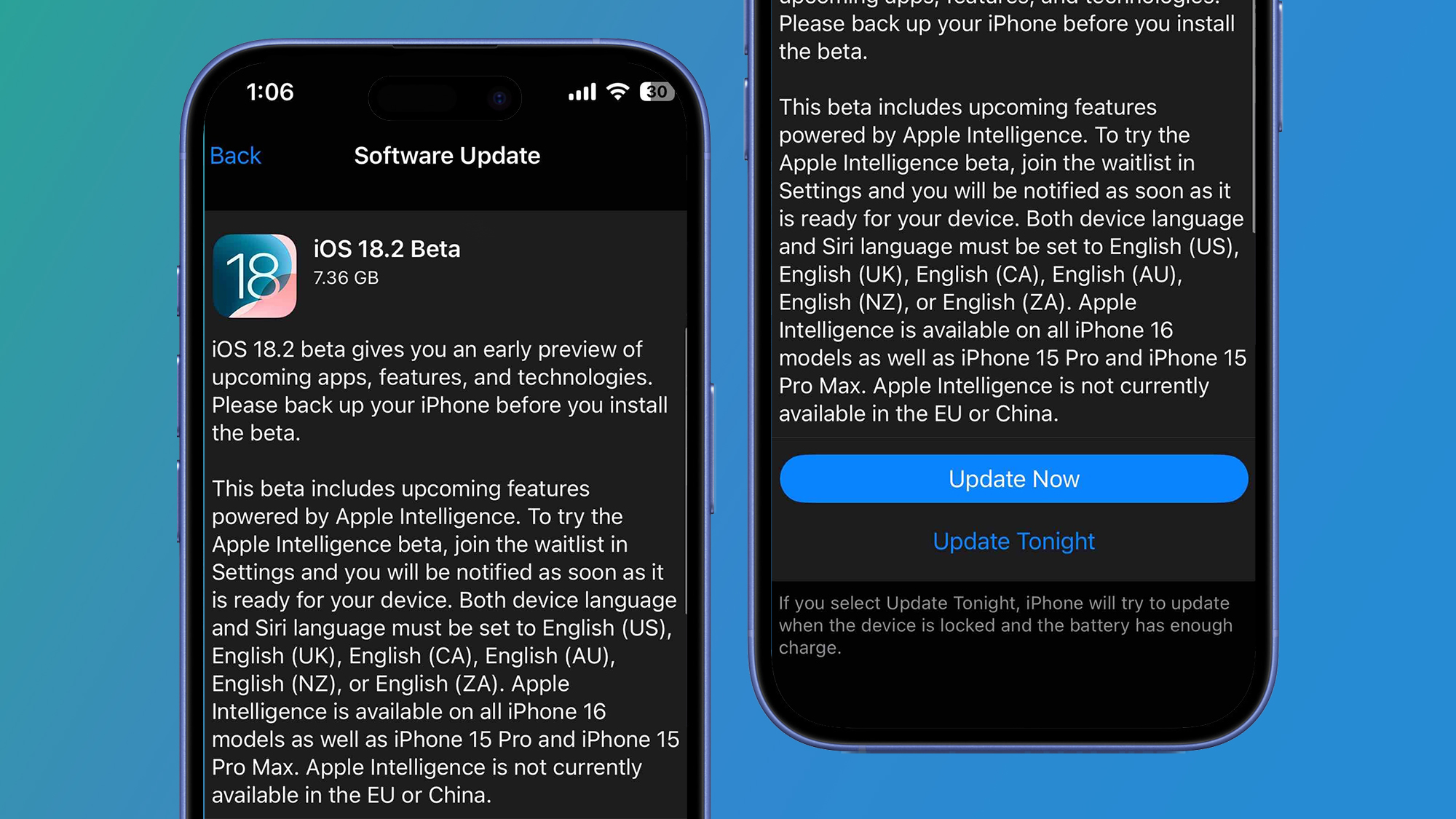 Two iPhones on a blue background showing an iOS 18.2 update